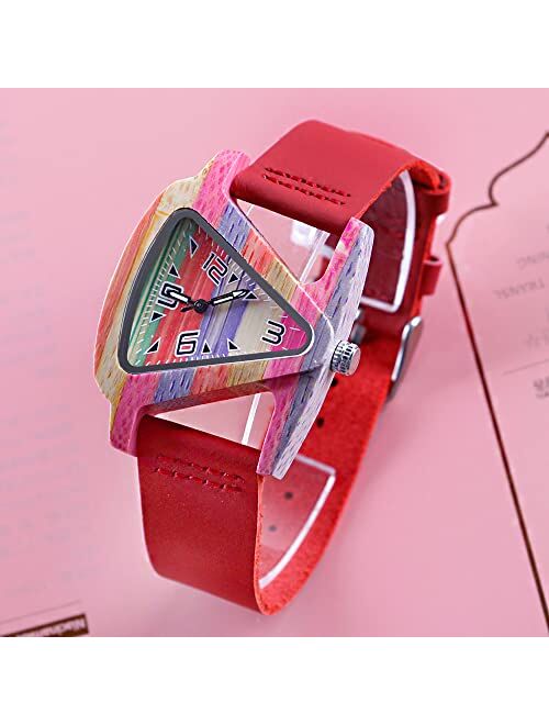 Whodoit Unique Wooden Watch Ladies Quartz Watches Leather Wristband Elegant Ladies Watch, Wooden Watch Leather Band Gifts for Women -red
