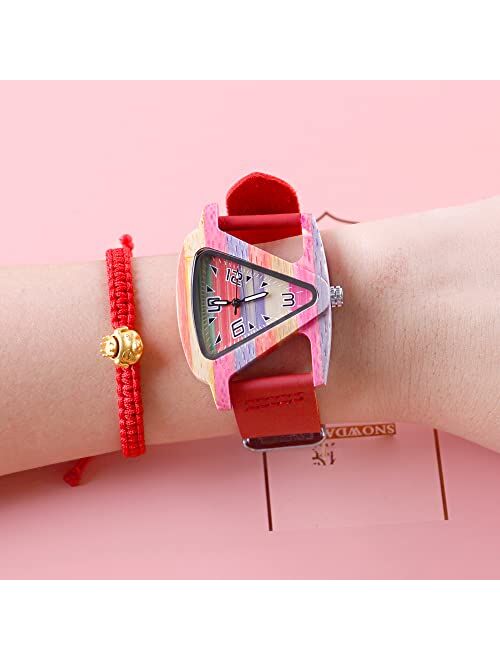Whodoit Unique Wooden Watch Ladies Quartz Watches Leather Wristband Elegant Ladies Watch, Wooden Watch Leather Band Gifts for Women -red