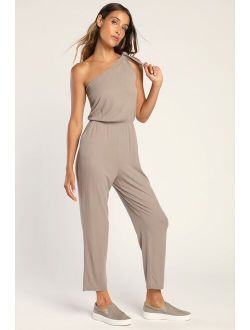 Belmore Taupe Ribbed One-Shoulder Tie-Strap Lounge Jumpsuit
