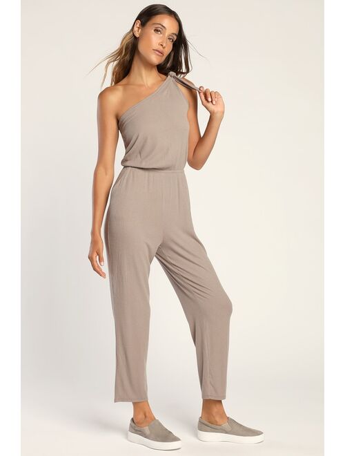 Lulus Belmore Taupe Ribbed One-Shoulder Tie-Strap Lounge Jumpsuit