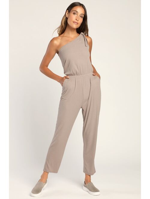 Lulus Belmore Taupe Ribbed One-Shoulder Tie-Strap Lounge Jumpsuit