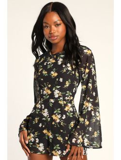 Poised and Playful Black Floral Long Sleeve Backless Romper