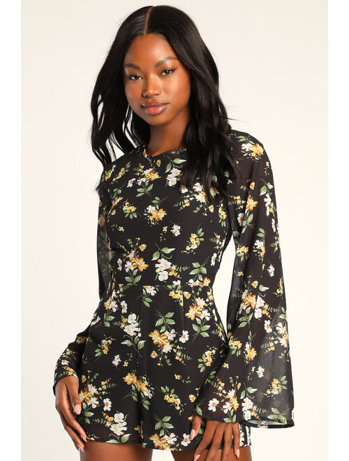 Lulus Poised and Playful Black Floral Long Sleeve Backless Romper