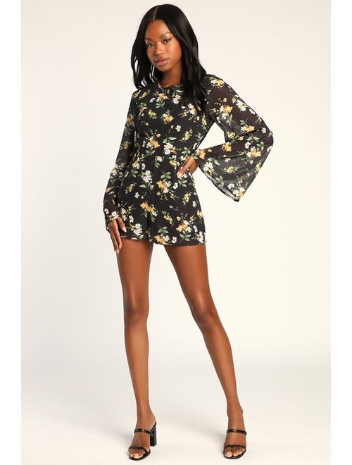 Lulus Poised and Playful Black Floral Long Sleeve Backless Romper