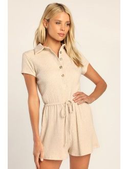 Casual Charm Beige Ribbed Button-Up Drawstring Romper