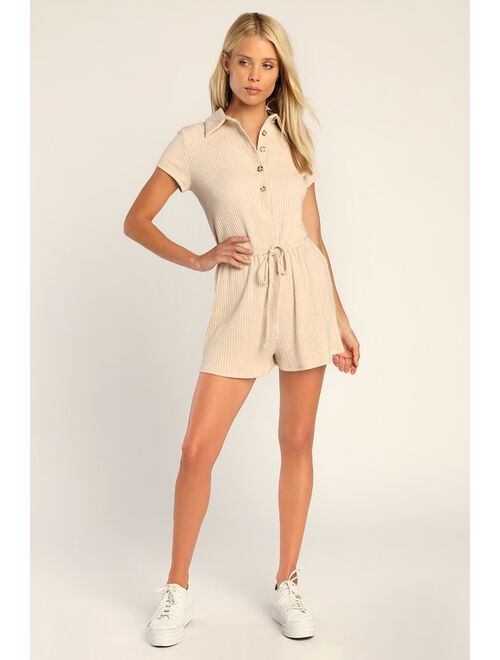 Lulus Casual Charm Beige Ribbed Button-Up Drawstring Romper