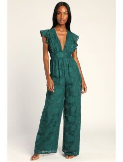 Refined Romance Emerald Green Burnout Floral Wide-Leg Jumpsuit