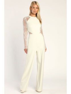 Infatuated With You Ivory Lace Long Sleeve Wide-Leg Jumpsuit