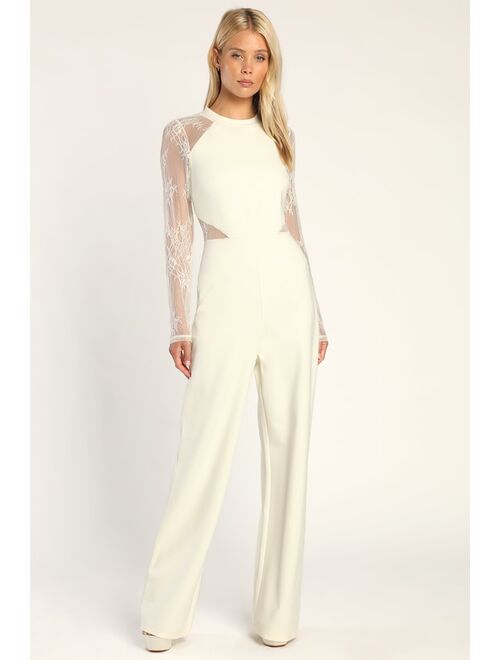 Lulus Infatuated With You Ivory Lace Long Sleeve Wide-Leg Jumpsuit