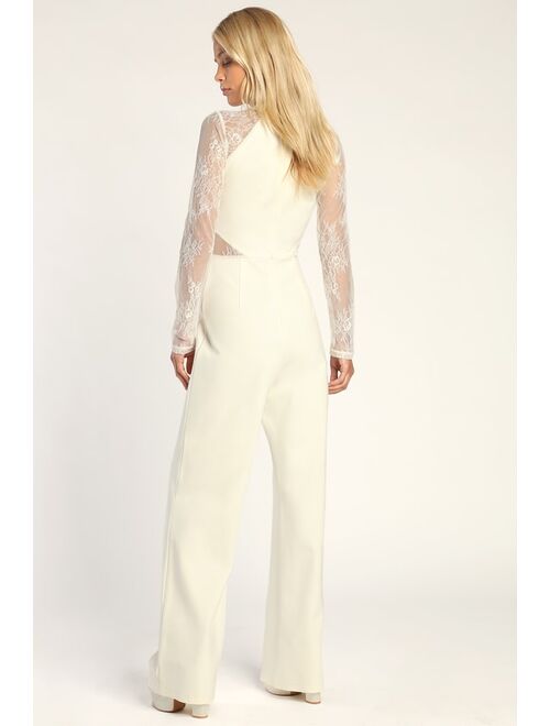 Lulus Infatuated With You Ivory Lace Long Sleeve Wide-Leg Jumpsuit