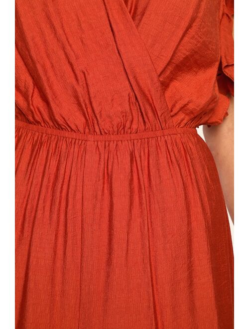 Lulus Stellar Thinking Rust Orange Ruffled Wide-Leg Jumpsuit