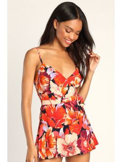 Relaxed Radiance Navy Floral Print Faux-Wrap Skort Romper