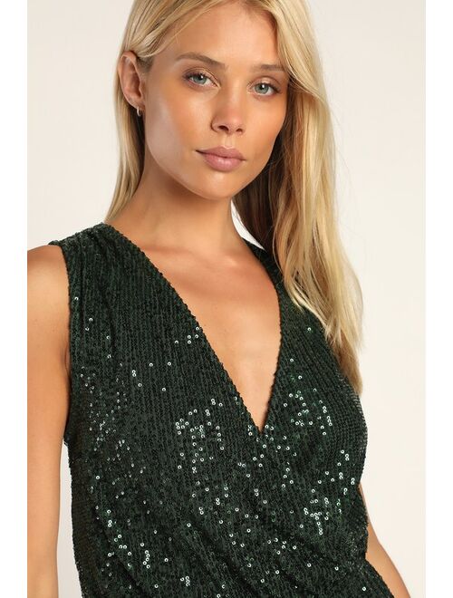 Lulus Sparks in the Air Green Sequin Cowl Back Sleeveless Romper