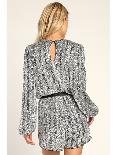 Lulus More Than Magical Shiny Silver Sequin Long Sleeve Romper