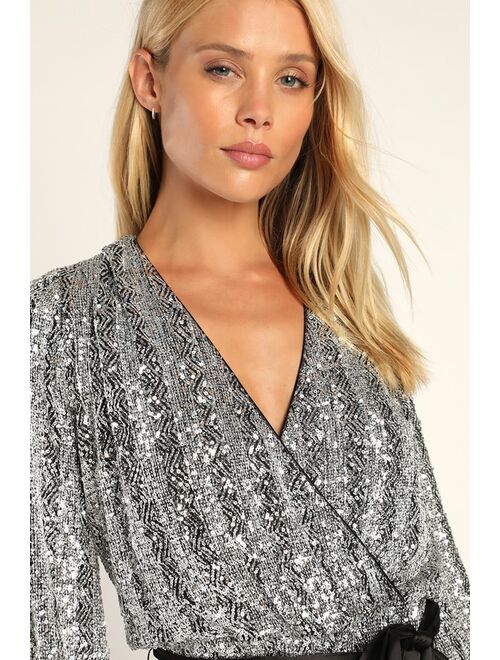 Lulus More Than Magical Shiny Silver Sequin Long Sleeve Romper