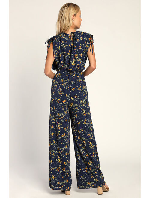 Lulus Botanical Romance Navy Blue Floral Ruched Wide Leg Jumpsuit