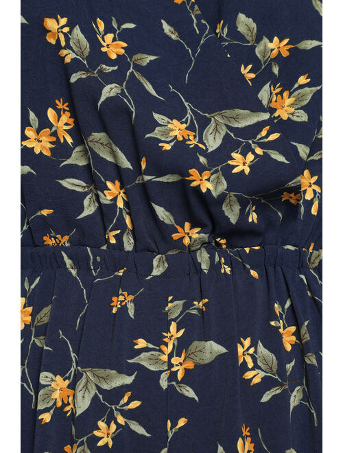 Lulus Botanical Romance Navy Blue Floral Ruched Wide Leg Jumpsuit