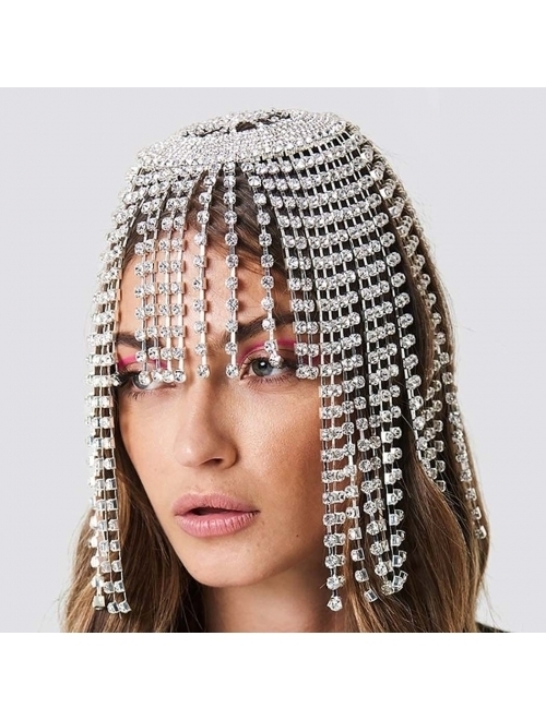 Earent Tassel Rhinestone Cap Headpiece Silver Crystal Head Chain Roaring 1920s Hair Accessories Belly Dance Party Cap Headpieces Bridal Head Jewelry for Women and Girls (