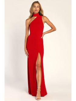 Keep It Interesting Red Asymmetrical Cutout Halter Maxi Dress