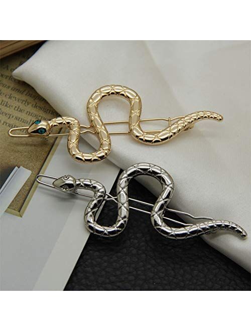 IKAAR 2pcs Metal Hair Clips Snake Hair Pin Hair Barrettes with Zircon Eye for Girls and Women (Silver + Gold)