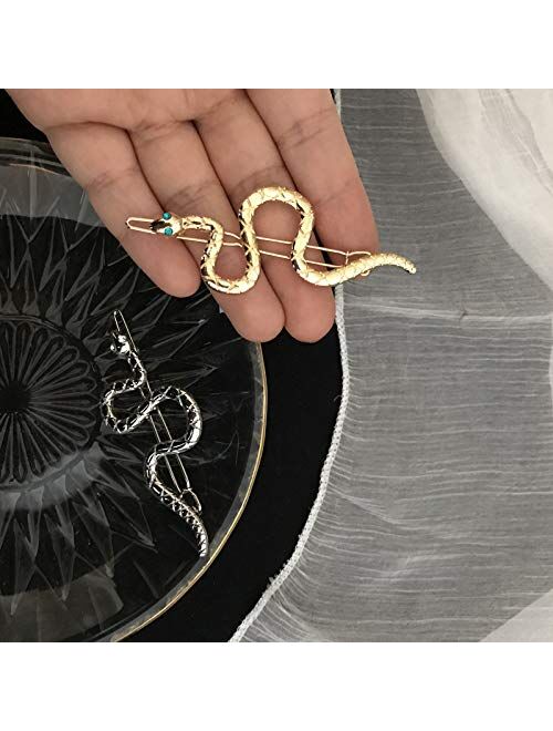 IKAAR 2pcs Metal Hair Clips Snake Hair Pin Hair Barrettes with Zircon Eye for Girls and Women (Silver + Gold)