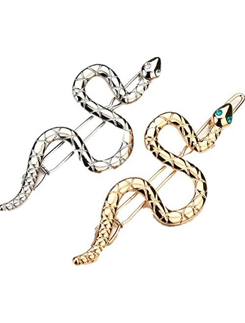cuhair 2-pieces Alloy Crystal Rhinestone Vintage Snake Hair Clip Barrettes Hair Accessories For Women Girl Punk (silver+gold)