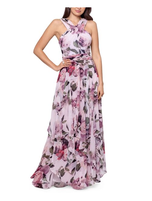 XSCAPE Women's Floral-Print Chiffon Halter Gown
