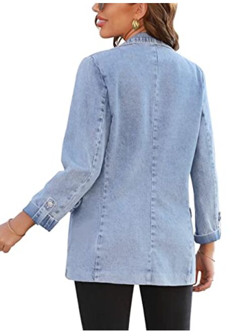 Vetinee Women's Open Front Denim Blazer Suit Lapel Washed Rolled Sleeve Jean Jacket Cardigan