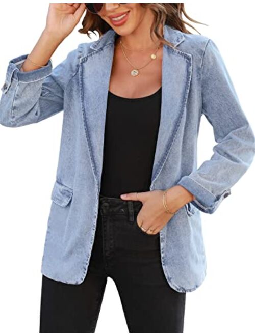 Vetinee Women's Open Front Denim Blazer Suit Lapel Washed Rolled Sleeve Jean Jacket Cardigan