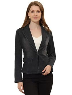 Women's Notched Lapel Button Up Long Sleeve Washed Denim Blazer