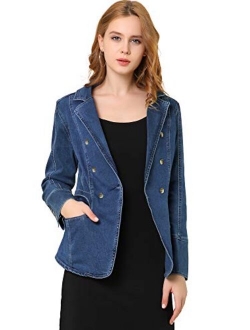 Women's Jean Blazer Lapel Long Sleeve Work Office Denim Jacket with Pockets