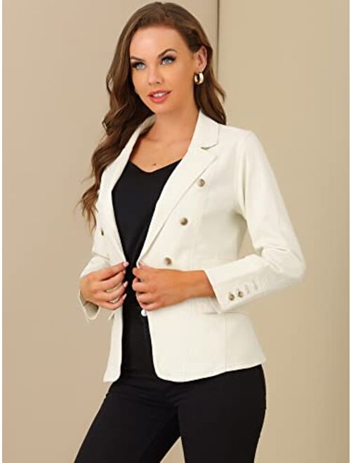 Allegra K Women's Jean Blazer Lapel Long Sleeve Work Office Denim Jacket with Pockets