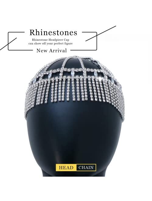 Stonefans Tassel Rhinestone Cap Headpiece Flapper 1920s Roaring Crystal Head Chain Jewelry Gatsby Hair Accessories for Women (A-Silver)