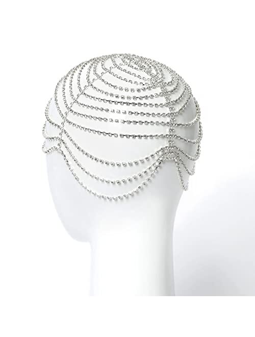 StoneFans Rhinestone flapper Headpiece Cap for Women Girls Silver Crystal Head Chain Bridal Art Deco Party Hair Accessories
