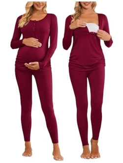 Women's Button Down Nursing Thermal Underwear Maternity Pajamas Microfiber Fleece Lined Winter Pjs Set Long John Set