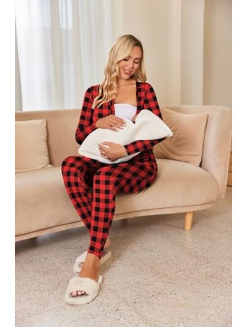 Ekouaer Women's Button Down Nursing Thermal Underwear Maternity Pajamas Microfiber Fleece Lined Winter Pjs Set Long John Set