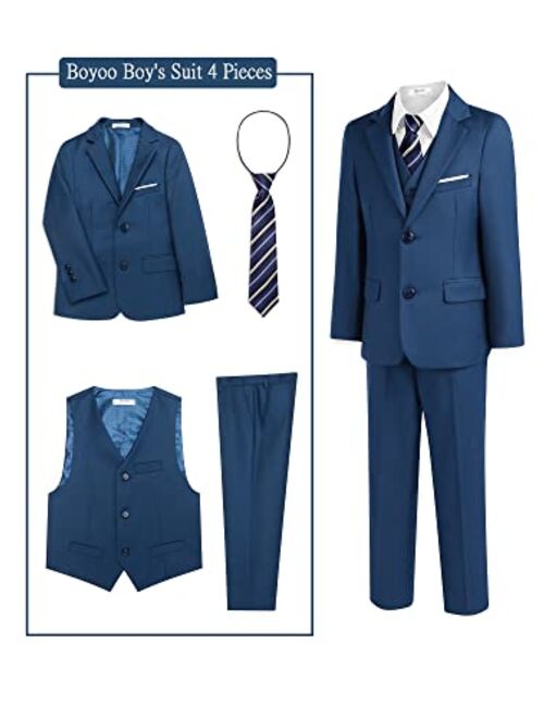Boyoo Boy's 4 Pieces Formal Suit Set Slim Fit Blazers Outfit with Jacket, Vest, Dress Pants and Tie for Kids Size 5-14 Years
