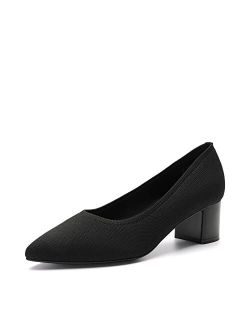 Women's Chunky Low Block Heels Closed Toe Work Pumps Comfortable Knitted Pointed Toe Dress Wedding Shoes
