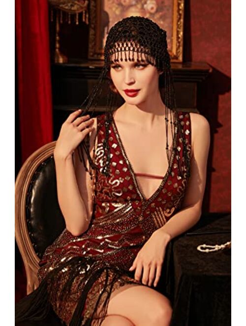BABEYOND 1920s Pearl Flapper Cap Headpiece Roaring 20s Gatsby Pearl Head Chain