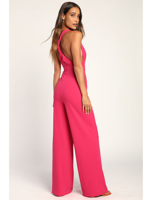 Lulus Signature Style Hot Pink Twist-Back Wide-Leg Jumpsuit