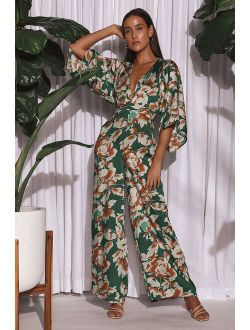 From Sunrise Teal Floral Print Bell Sleeve Wide-Leg Jumpsuit