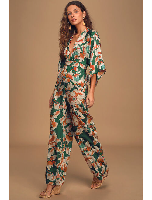 Lulus From Sunrise Teal Floral Print Bell Sleeve Wide-Leg Jumpsuit