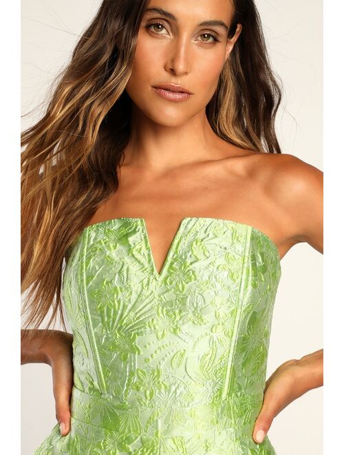 Lulus Bright Delight Lime Green Floral Jacquard Romper