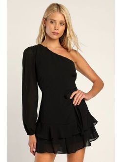 Pretty and Playful Black One-Shoulder Long Sleeve Romper