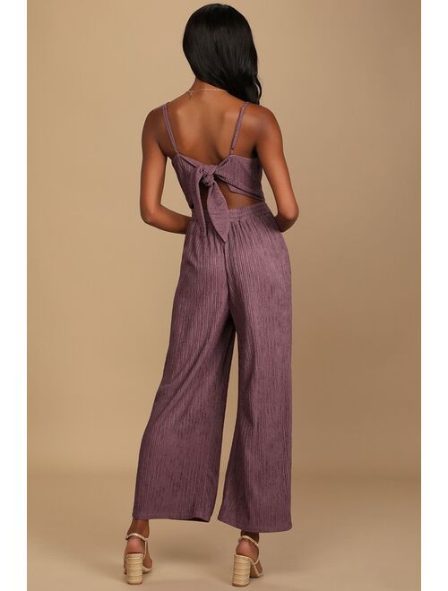 Lulus Get the Groove Dusty Purple Crinkled Tie-Back Wide-Leg Jumpsuit