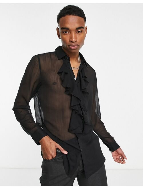 ASOS DESIGN regular sheer shirt with ruffle front detail in black