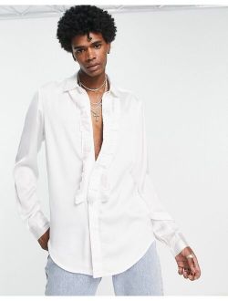 satin shirt with ruffle front in white