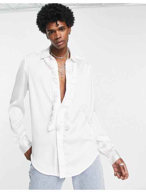 ASOS DESIGN satin shirt with ruffle front in white