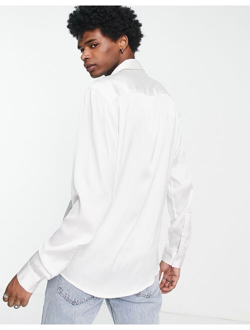ASOS DESIGN satin shirt with ruffle front in white