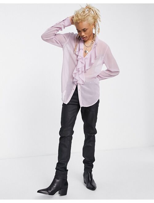 ASOS DESIGN regular sheer shirt with ruffle front detail in lilac